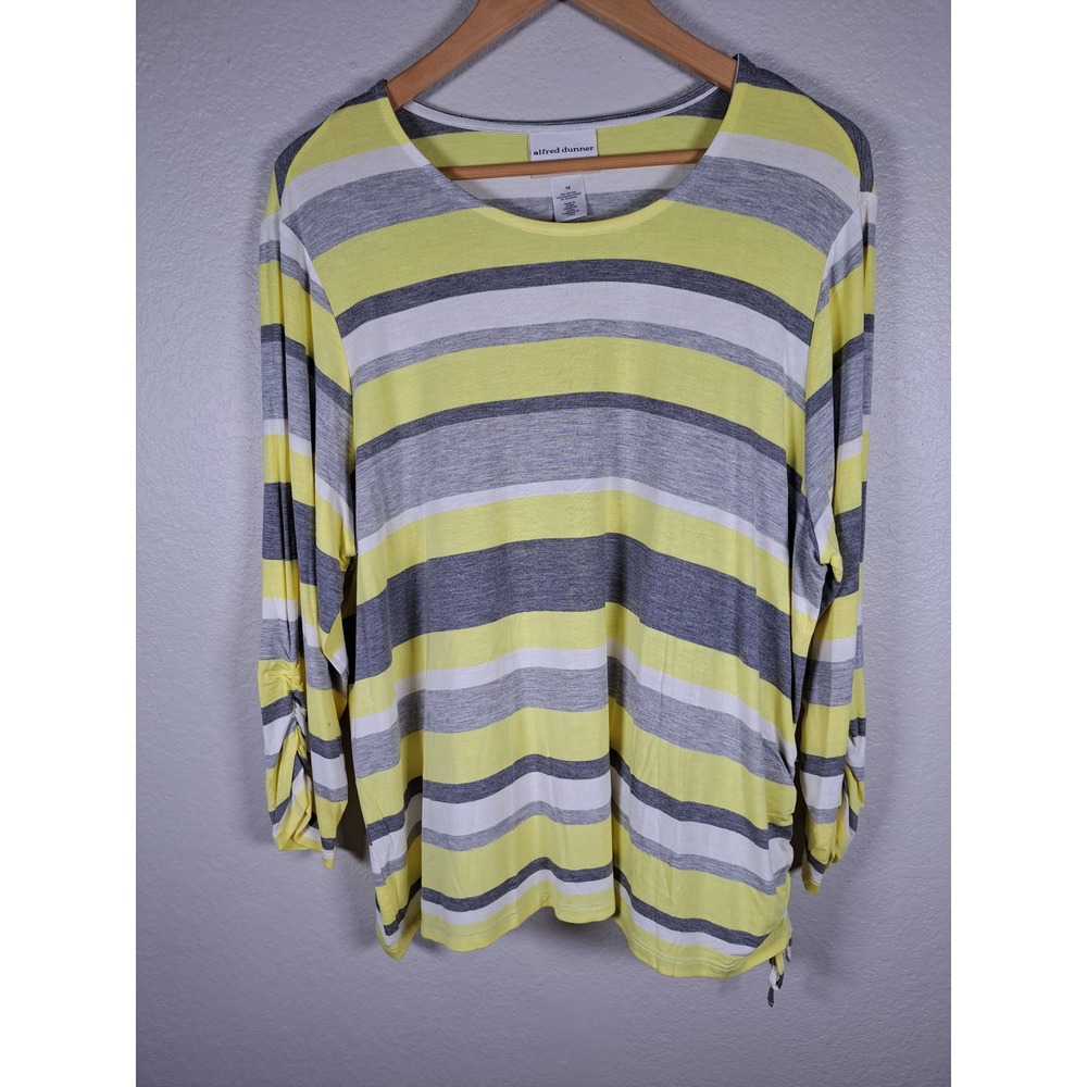 Alfred Dunner Woman Yellow Grey Striped 3/4 Sleeve Knit Top Size 1X